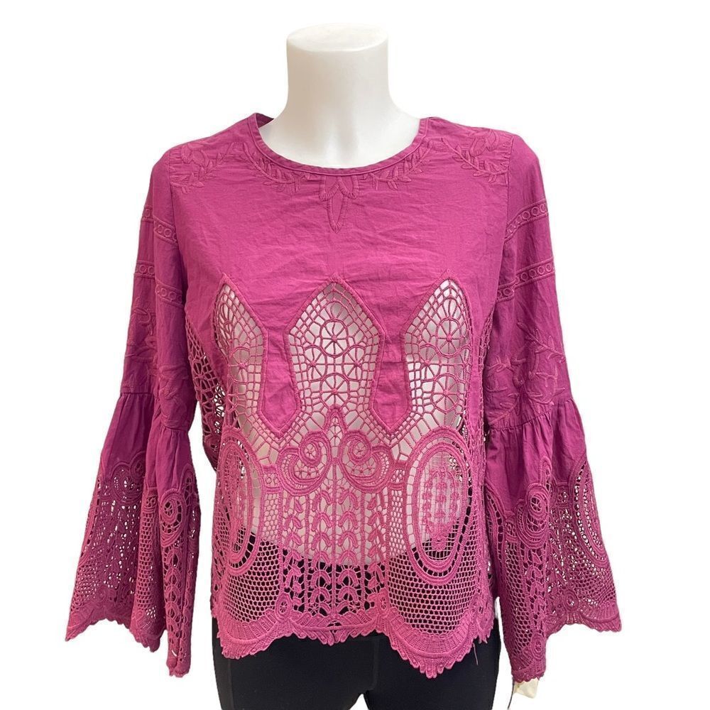 Chloe Oliver Anthropologie Mauve‎ Embroidered / Lace Pullover Tunic Blouse Sz MP